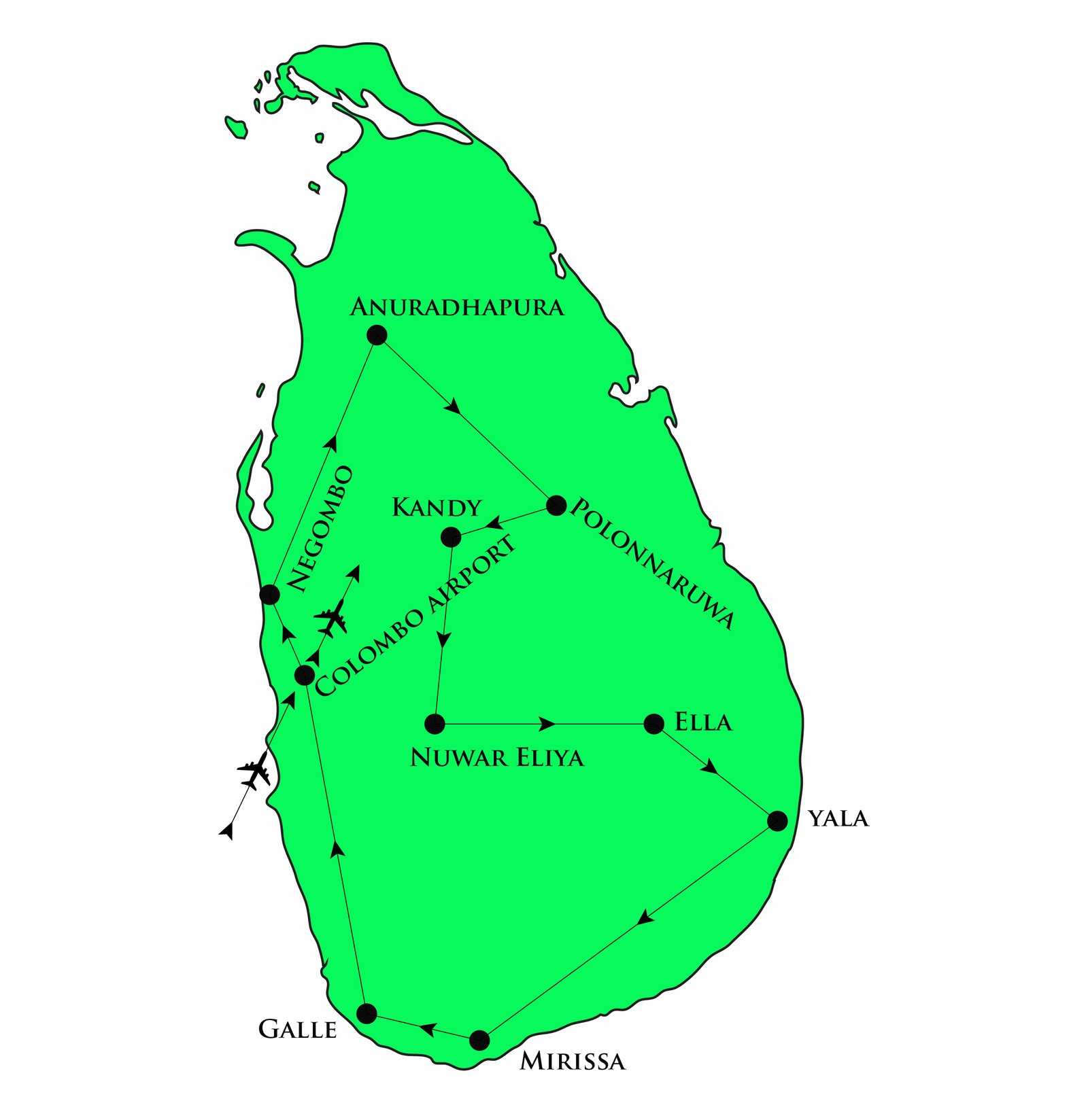 Map of South-West Sri Lanka itinerary